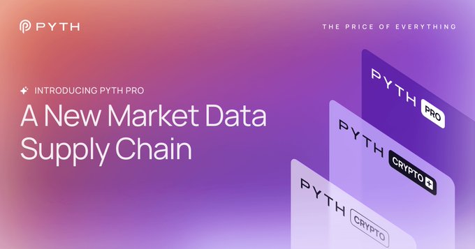 A promotional graphic with text "INTRODUCING PYTH PRO: A New Market Data Supply Chain" featuring three overlapping card designs branded PYTH PRO, PYTH CRYPTO+, and PYTH CRYPTO, with "THE PRICE OF EVERYTHING" in the corner.
