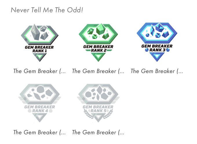 Five 'Gem Breaker' achievement badges in different ranks (1-5), with the top three showing green and blue gem designs and the bottom two greyed out, under the title 'Never Tell Me The Odd!'.
