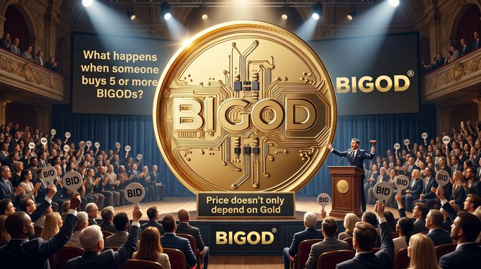 The image depicts an elaborate auction-style event featuring a massive golden BIGOD coin as the centerpiece, with a host on stage addressing a packed audience holding "BID" signs. Prominent text reads "What happens when someone buys 5 or more BIGODs?" and "Price doesn't only depend on Gold," with "BIGOD®" branding throughout—visually reinforcing the post's message that BIGOD's growth is driven by more than just gold prices, as the lively bidding crowd symbolizes active community participation and demand beyond commodity value.