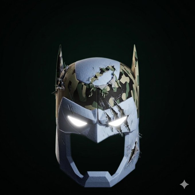 A battle-scarred Batman cowl mask with glowing white eyes and visible claw tear marks across its surface, featuring a camouflage pattern and torn fabric details. The damaged, weathered appearance of the helmet reflects the "still in mission" theme of perseverance conveyed in the accompanying post.