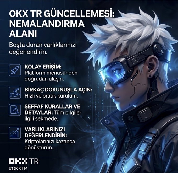 The image is a promotional graphic for OKX TR announcing their new Staking area, featuring a futuristic anime-style character with white hair and glowing blue visor, alongside Turkish text highlighting easy access, quick setup, transparent rules, and the ability to evaluate idle assets for crypto earnings.