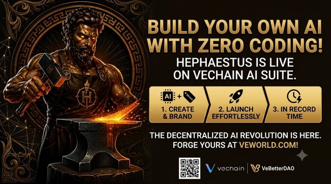 A promotional graphic for VeChain's Hephaestus AI suite featuring a muscular blacksmith forging metal, with text reading 'BUILD YOUR OWN AI WITH ZERO CODING!' and instructions to create, launch, and deploy AI at VEWORLD.COM.
