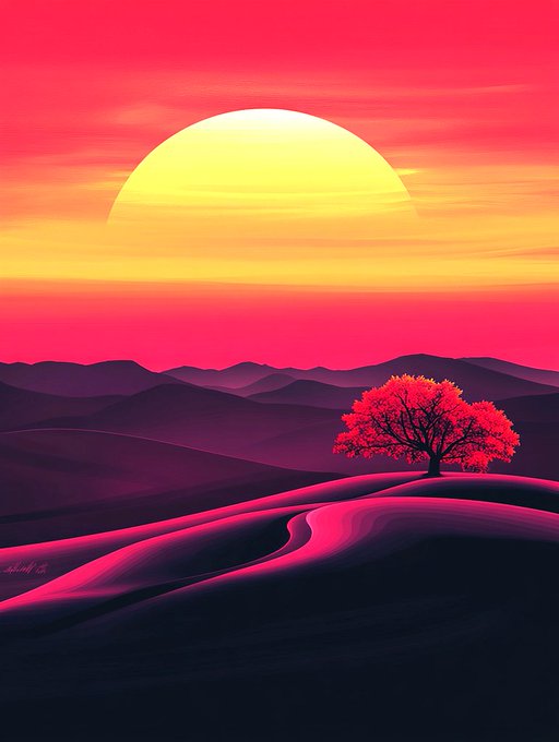 A vibrant digital illustration of a lone tree on rolling hills under a large yellow sun, set against a magenta and pink sky.