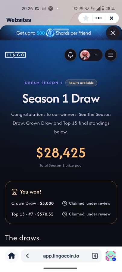 A screenshot of the Lingocoin website displays a "Season 1 Draw" results page, highlighting a $28,425 total prize pool and showing a "You won!" notification for $5,000 in the Crown Draw and a #7 Top 15 win of $570.55, both marked as "Claimed, under review." The celebratory notification of a personal win reinforces the grateful, affectionate caption "And we love you."