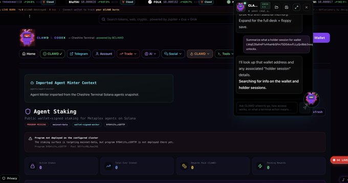 A screenshot of the CLAWD CodeX platform showing features like "Imported Agent Minter Context," "Agent Staking" for Metaplex agents on Solana, and a live chat with messages about wallet sessions and contract unboxing.