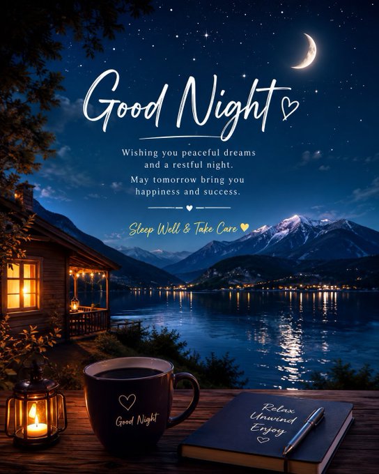 A 'Good Night' greeting card featuring an illustration of a cozy cabin by a lake under a starry night sky with a crescent moon, a coffee mug, and a journal, accompanied by the text 'Wishing you peaceful dreams and a restful night. May tomorrow bring you happiness and success. Sleep Well & Take Care'.