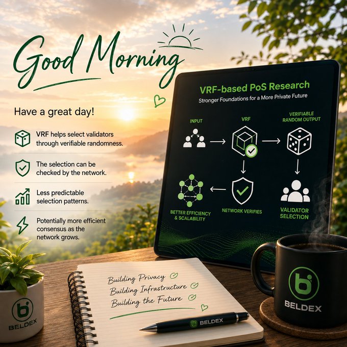 BELDEX 'Good Morning' graphic explaining VRF-based PoS Research with a scenic sunrise background, a coffee mug branded 'BELDEX', and a notebook listing 'Building Privacy, Building Infrastructure, Building the Future'.