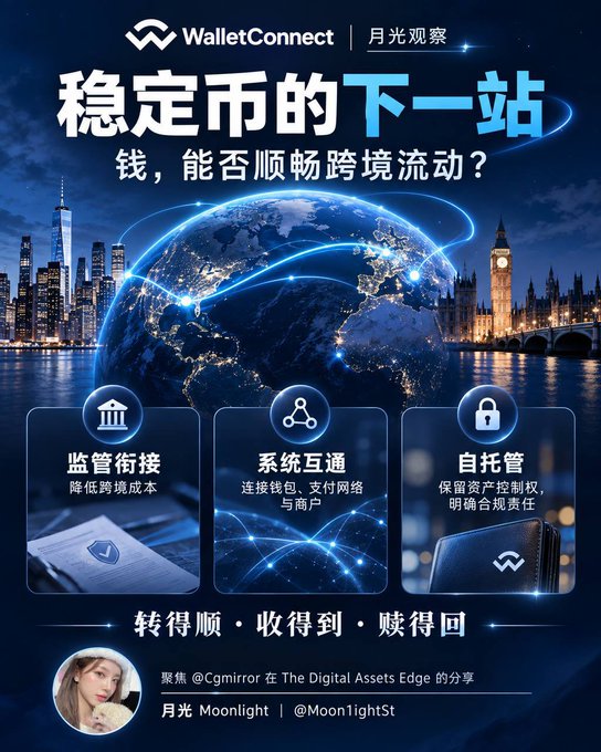 A WalletConnect promotional graphic featuring a glowing globe against city skylines, with the Chinese headline "稳定币的下一站" (The Next Stop for Stablecoins) and the subheading "钱，能否顺畅跨境流动？" (Can money flow smoothly across borders?). Three sections highlight compliance, system interoperability, and self-custody solutions, with a footer crediting Cgmirror from The Digital Assets Edge.