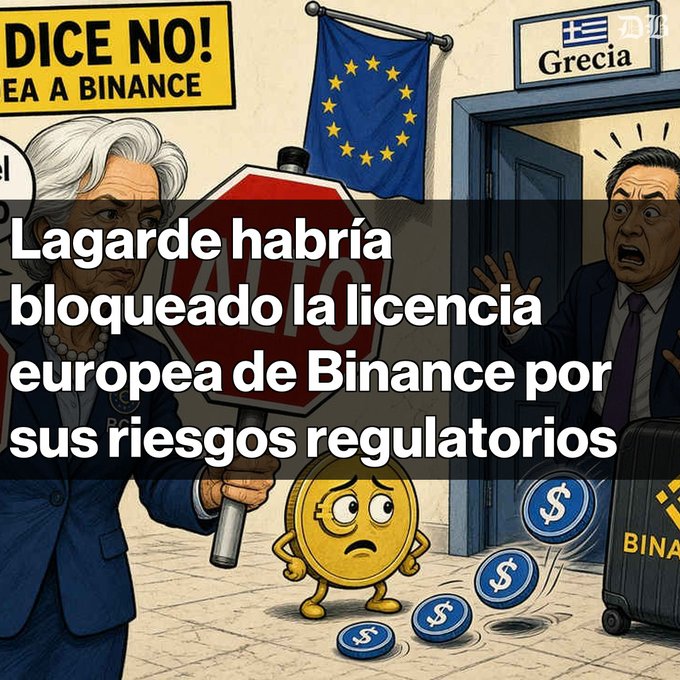 A cartoon illustration showing Christine Lagarde holding a stop sign in front of the 'Grecia' (Greece) office, with a worried coin character and falling dollar coins. Spanish text overlay reads 'Lagarde habría bloqueado la licencia europea de Binance por sus riesgos regulatorios'.