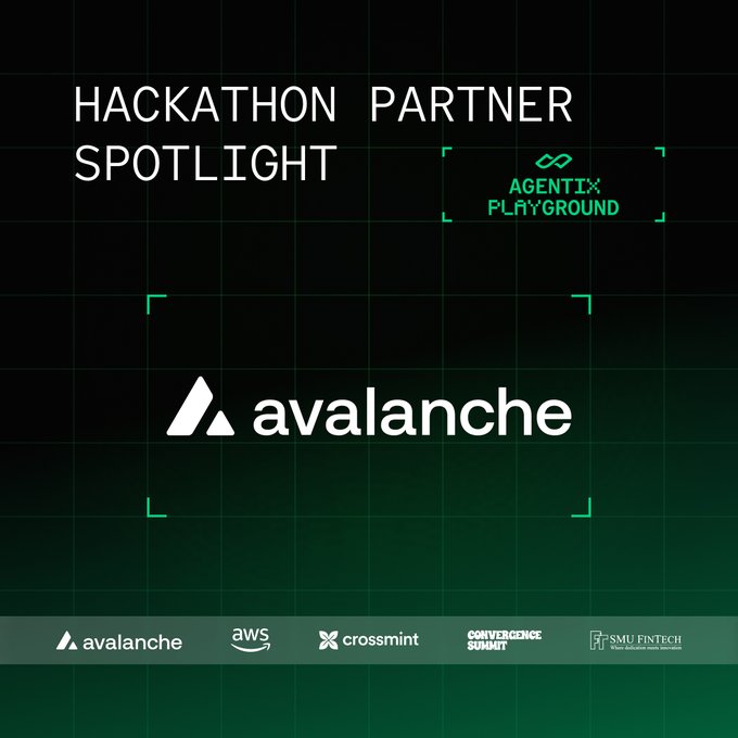 A graphic titled "HACKATHON PARTNER SPOTLIGHT" features the Avalanche blockchain logo prominently, with an "Agentix Playground" badge in the corner and partner logos for Avalanche, AWS, Crossmint, Convergence Summit, and SMU Fintech at the bottom.