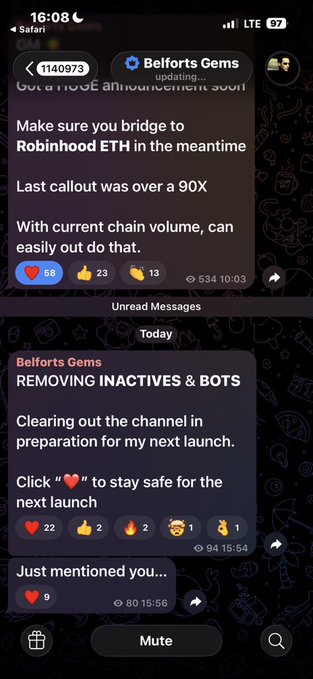 Telegram chat screenshots from 'Belforts Gems' promoting a Robinhood ETH bridge with over 90X callout and removing inactives and bots.