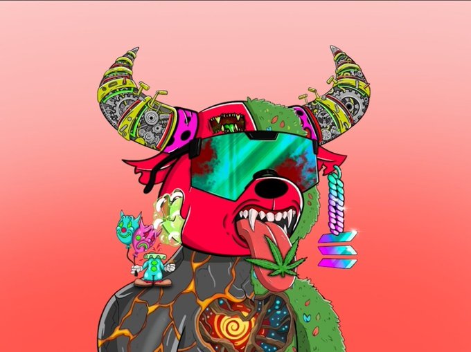 A digital illustration depicts a fierce red dog-like character with glowing green visor sunglasses, blood-stained fur, a protruding tongue holding a cannabis leaf, and cybernetic horns, with small cartoon figures and the Solana logo nearby.