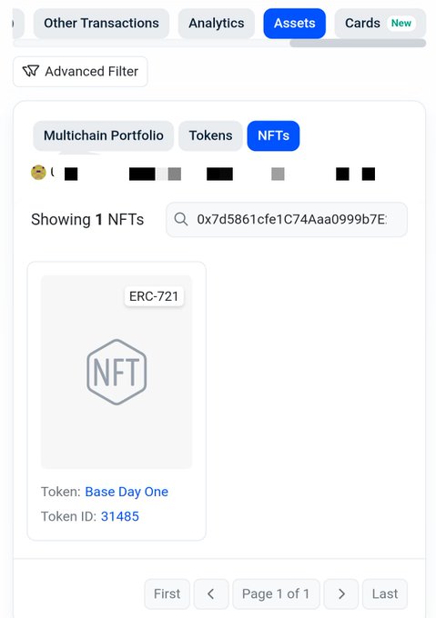 A screenshot of a digital wallet interface displays the 'Assets' tab and 'NFTs' section, showing a single ERC-721 token named 'Base Day One' with Token ID 31485 and a search bar containing a partial address.
