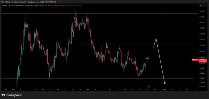 A TradingView candlestick chart of USDT.D (USDT Dominance) on the 4-hour timeframe shows a sharp recent price spike around 6.65% following a downward trend since early July, with an overlaid white arrow projecting a steep drop toward lower dominance levels around 6.16%—visually representing the post's thesis that a USDT dominance decline (correction/dump) would coincide with a larger pump for crypto.