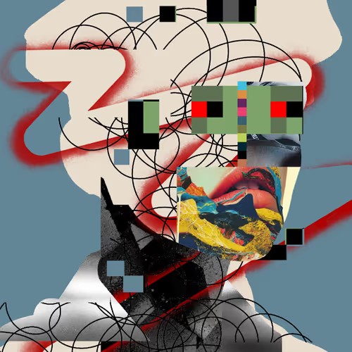 The image features a digital art piece that includes a face with a red circle, green square, yellow triangle, black rectangle, and a white line. The background of the artwork has a blue color scheme with red lines running through it. The artist's signature is visible in the bottom right corner of the image. The post also mentions that R3ORDR #1588 has been sold for 0.065 ETH (€0.11).