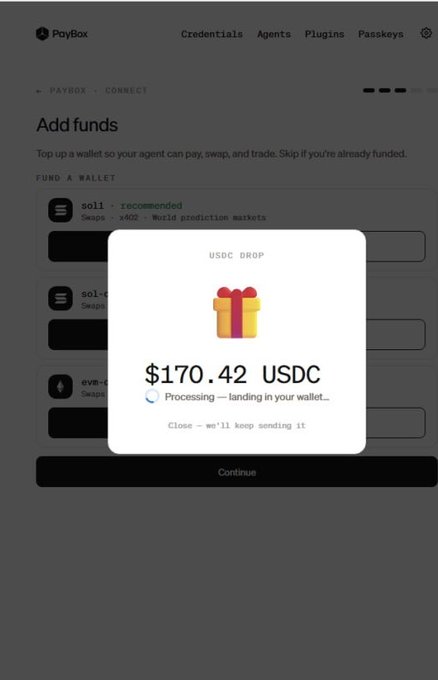 A screenshot from PayBox showing an "Add funds" page with a USDC drop popup displaying $170.42 USDC being processed and landing in the user's wallet, aligning with the post's instructions to set up via app.paybox.sh/dashboard in preparation for a potential MoonPay USDC airdrop.