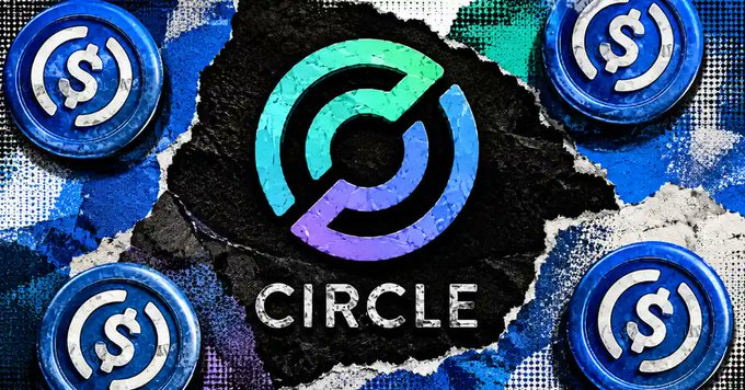 The image features a poster with the word "CIRCLE" written in white letters, surrounded by four blue circles. The poster also includes text about frozen cryptocurrency and a legal dispute involving Circle.