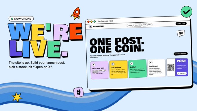 A promotional graphic with colorful 'WE'RE LIVE.' text announcing that a site is now online for building launch posts, featuring a browser mockup for 'HASHSTOCK' displaying 'ONE POST. ONE COIN.'