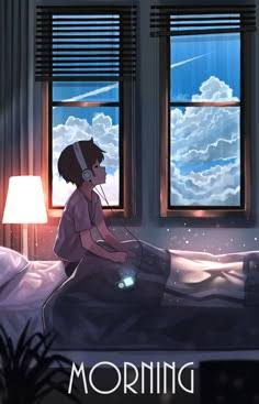 The image features a young boy sitting on a bed with headphones on his ears while looking out of a window at the sky. There are two windows visible in the scene, one above the boy's head and another below him. The background includes a lamp that illuminates the room, creating a cozy atmosphere for the boy to enjoy his music or watch TV.