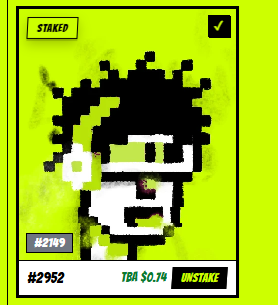 A pixel-art style NFT image on a yellow-green background, labeled 'STAKEP', '#2952', and '#2952 TBA $0.74 INSTAKIP'.