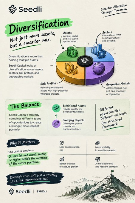 An infographic by Seedli titled "Diversification" explains investment strategies across assets, sectors, risk profiles, and geographic markets, emphasizing "The Balance," "Why It Matters," and that "Diversification isn't just a strategy. It's a risk-management tool."