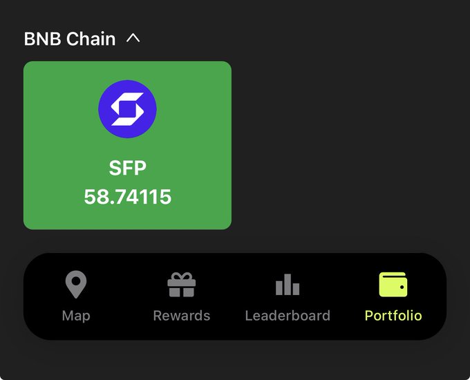 A mobile app interface showing a BNB Chain portfolio with SFP token balance of 58.74115, and navigation tabs for Map, Rewards, Leaderboard, and Portfolio.