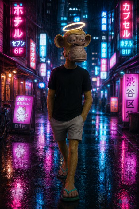 AI-generated image of a monkey-like figure with a glowing halo walking through a neon-lit cyberpunk Japanese street at night.
