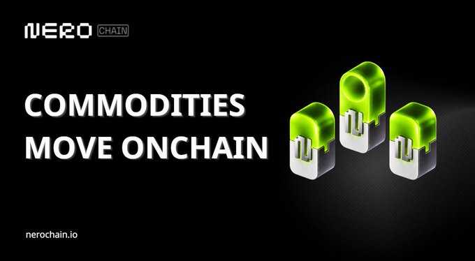 A promotional graphic for Nero Chain with the tagline 'COMMODITIES MOVE ONCHAIN' featuring three green padlock icons and the website nerochain.io.