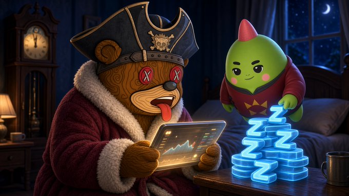 An AI-generated illustration of a pirate character with X-shaped eyes analyzing a tablet, while a small green creature in a red hoodie stacks glowing blue 'Z' coins beside a bed.