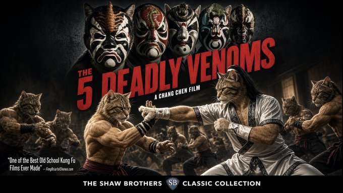 A movie poster for 'The 5 Deadly Venoms,' a Chang Chen film from the Shaw Brothers Classic Collection, featuring characters wearing colorful animal masks.
