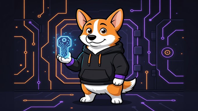 The image features a cartoon dog wearing a black hoodie with an orange collar holding a blue lightbulb above its head. The background of the image shows a purple circuit board, which appears to be a representation of Bitcoin's blockchain technology. The caption below the image reads "When Bitcoin settles its blocks, Stacks follows right behind through PoX consensus. WELSH lives on that chain, anchored to the original blockchain that started it all."