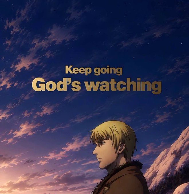 An anime-style illustration of a blonde character in profile against a purple-blue sky with stars and clouds, overlaid with the text 'Keep going God's watching'.