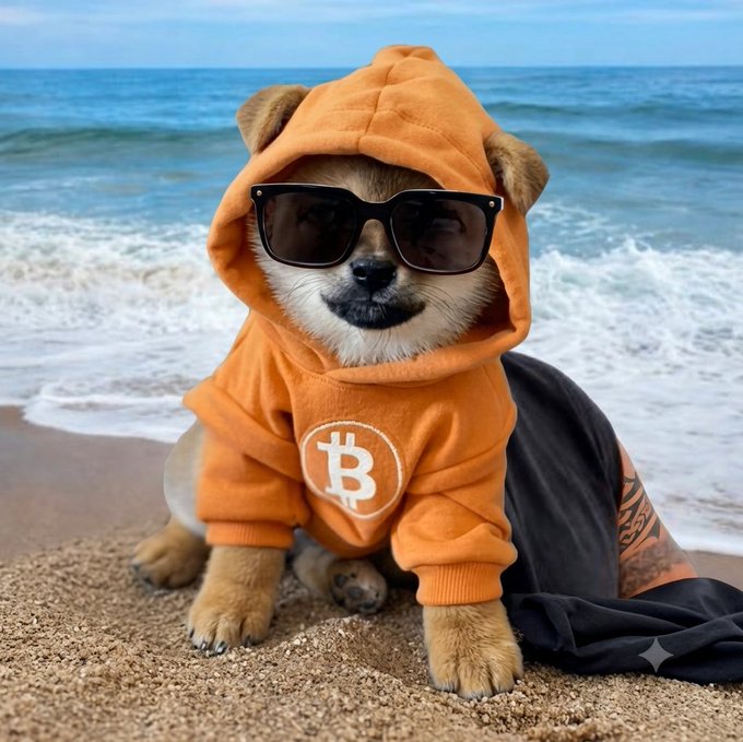 A Shiba Inu dog wearing an orange Bitcoin hoodie and black sunglasses, sitting on a beach with ocean waves in the background.