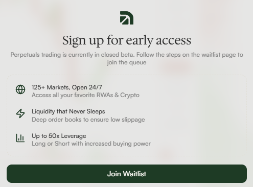 Sign-up page for early access to perpetuals trading in closed beta, listing benefits like 125+ Markets, deep liquidity, and up to 50x leverage, with a 'Join Waitlist' button.