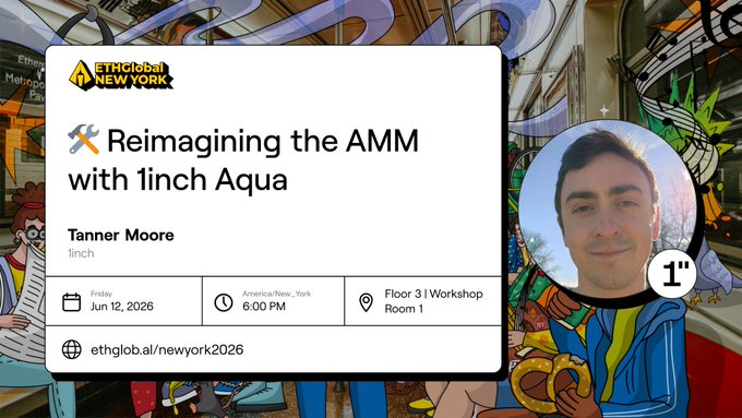 The image features a man wearing a blue jacket, holding a camera, and standing next to a poster or sign that says "Reimagining the AMM with 1inch Aqua". The text on the poster indicates that there is an event happening at 6:00 pm in Room 3 of a workshop. The main subject of the image seems to be the man's interest in the topic of "reimagining the AMM" and his involvement in the event, possibly as a speaker or participant.