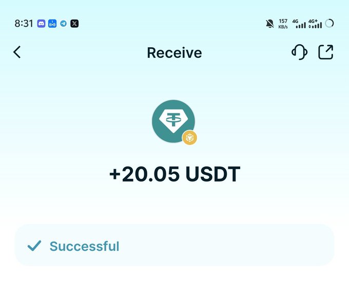 A mobile wallet app 'Receive' confirmation screen showing a successful transaction of +20.05 USDT, with a teal gradient background and standard Android status bar icons.