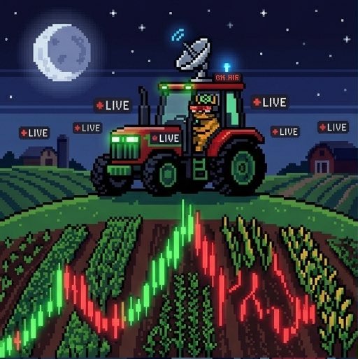 Pixel art of a tractor with 'ON AIR' and 'LIVE' signs driving through a field at night with a moon in the sky.