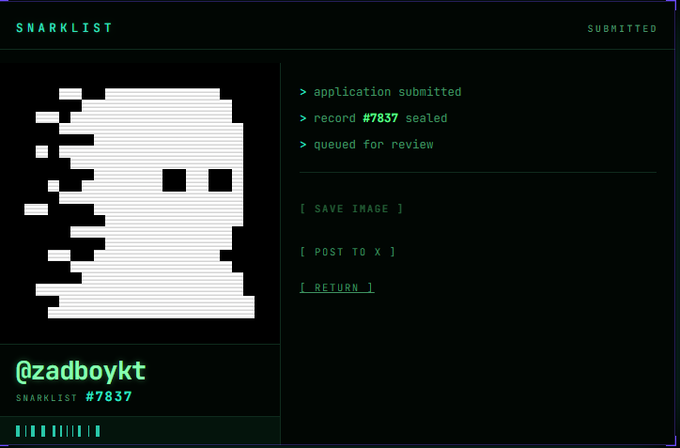 A 'SNARKLIST' submission page showing a pixelated ghost image for @zadboykt (record #7837), marked as 'application submitted' and 'queued for review'.