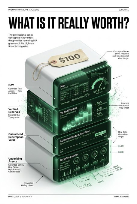 A magazine spread titled 'WHAT IS IT REALLY WORTH?' featuring a conceptual $100 tag on a stack of glowing green blocks labeled 'NAV', 'Verified Reserves', 'Guaranteed Redemption Value', and 'Underlying Assets', dated May 27, 2021.