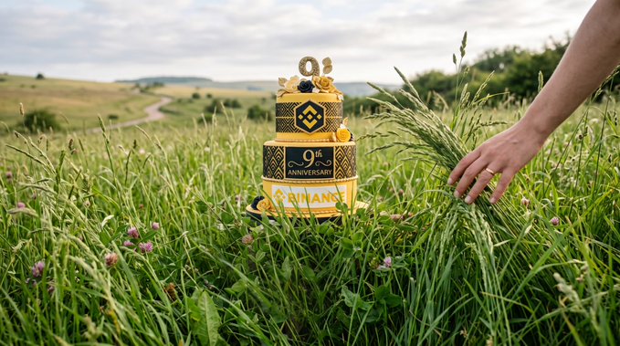 A Binance-branded 9th anniversary cake decorated in black and gold sits in a grassy field, with a person's hand reaching toward the tall grass beside it.