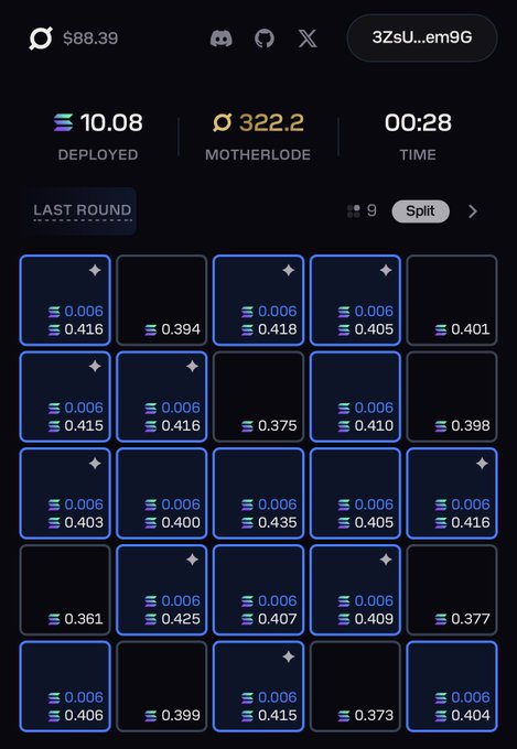 A dark-themed mobile app interface displays a deployed token of 10.08, a motherlode of 322.2, and a timer of 00:28, with a grid of square buttons below showing various numerical values.