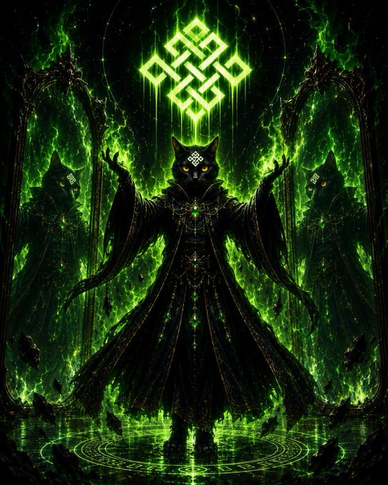 A dark, robed figure with a cat-like head marked by a glowing rune stands with arms raised before a glowing green geometric symbol, flanked by shadowy hooded figures amid swirling emerald energy.