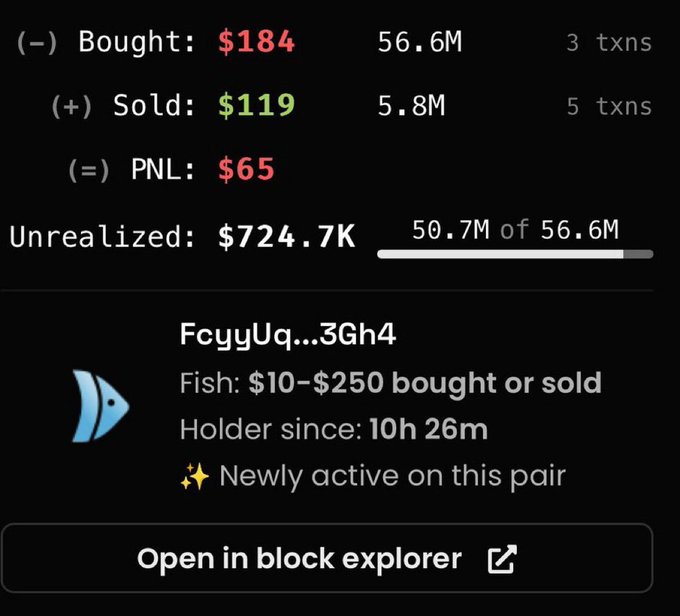 A cryptocurrency trading interface showing bought $184, sold $119, PNL $65, unrealized $724.7K, identifying a 'Fish' wallet 'FcyyUq...3Gh4' active on a pair for 10h 26m.