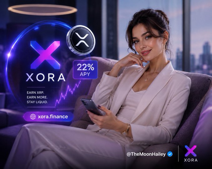 The image is a promotional advertisement for XORA (xora.finance), featuring a sophisticated woman in a beige blazer holding a smartphone, set against a luxurious interior with a city skyline view. The graphic prominently displays the XORA logo with the XRP coin symbol, highlights "22% APY," and includes the tagline "EARN XRP. EARN MORE. STAY LIQUID." alongside a verified social media handle "@TheMoonHailey" — visually reinforcing the post's message about earning yield and daily rewards on XRP holdings through the platform.