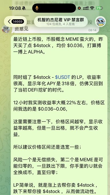 A WeChat group chat screenshot titled '机智的杰尼君 VIP 禁言群' containing a message discussing a cryptocurrency MEME coin called '$4stock', mentioning a $4stock - $USDT LP pool with an APY of 318x and risks of impermanent loss and the coin going to zero.