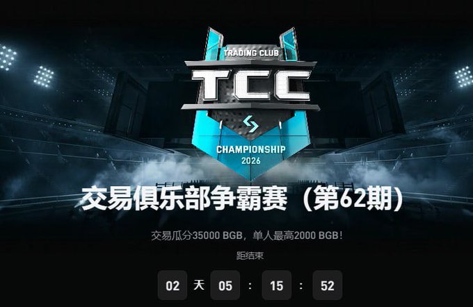 A promotional graphic for the 'TCC TRADING CLUB CHAMPIONSHIP 2026' (交易俱乐部争霸赛 第62期) showing a countdown timer.
