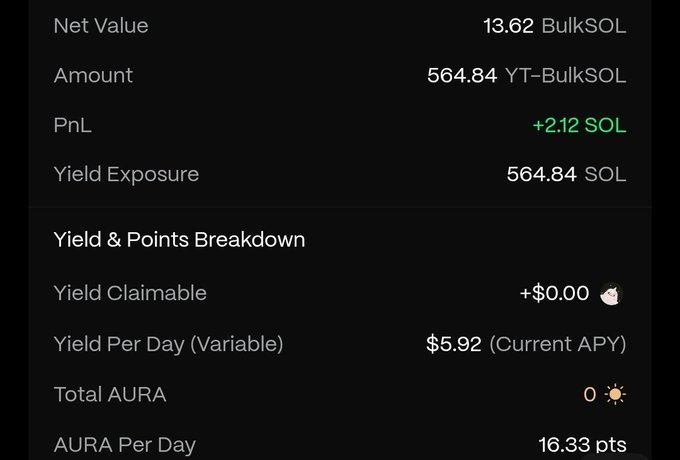 Cryptocurrency portfolio dashboard showing Net Value of 13.62 BulkSOL, Amount of 564.84 YT-BulkSOL, PnL of +2.12 SOL, with a Yield & Points Breakdown showing $5.92 daily yield and 16.33 AURA points per day.