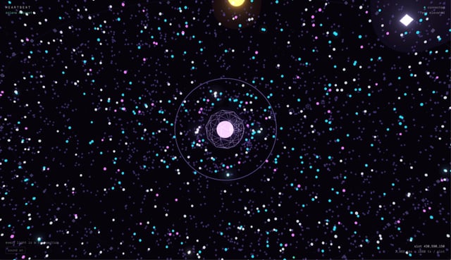A star map or astronomical visualization showing a dense field of colored dots representing stars, with concentric white circles centered on a bright object, labeled 'HEATBEAT' in the corner with various data readouts.