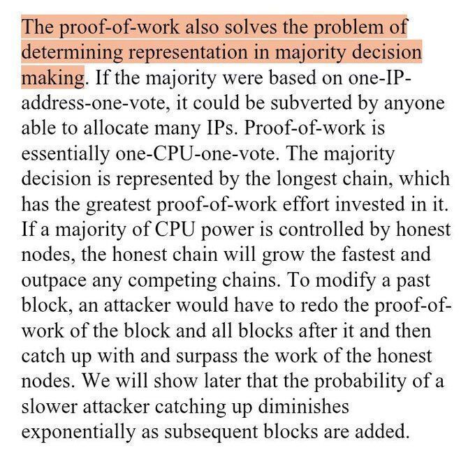 An excerpt from Satoshi Nakamoto's Bitcoin whitepaper with the text highlighted in red: 'The proof-of-work also solves the problem of determining representation in majority decision making.'