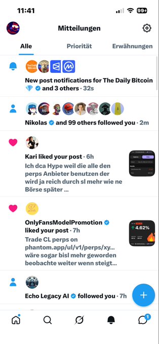iphone screen displaying a social media app with a list of notifications and a new post notification for "The Daily Bitcoin".